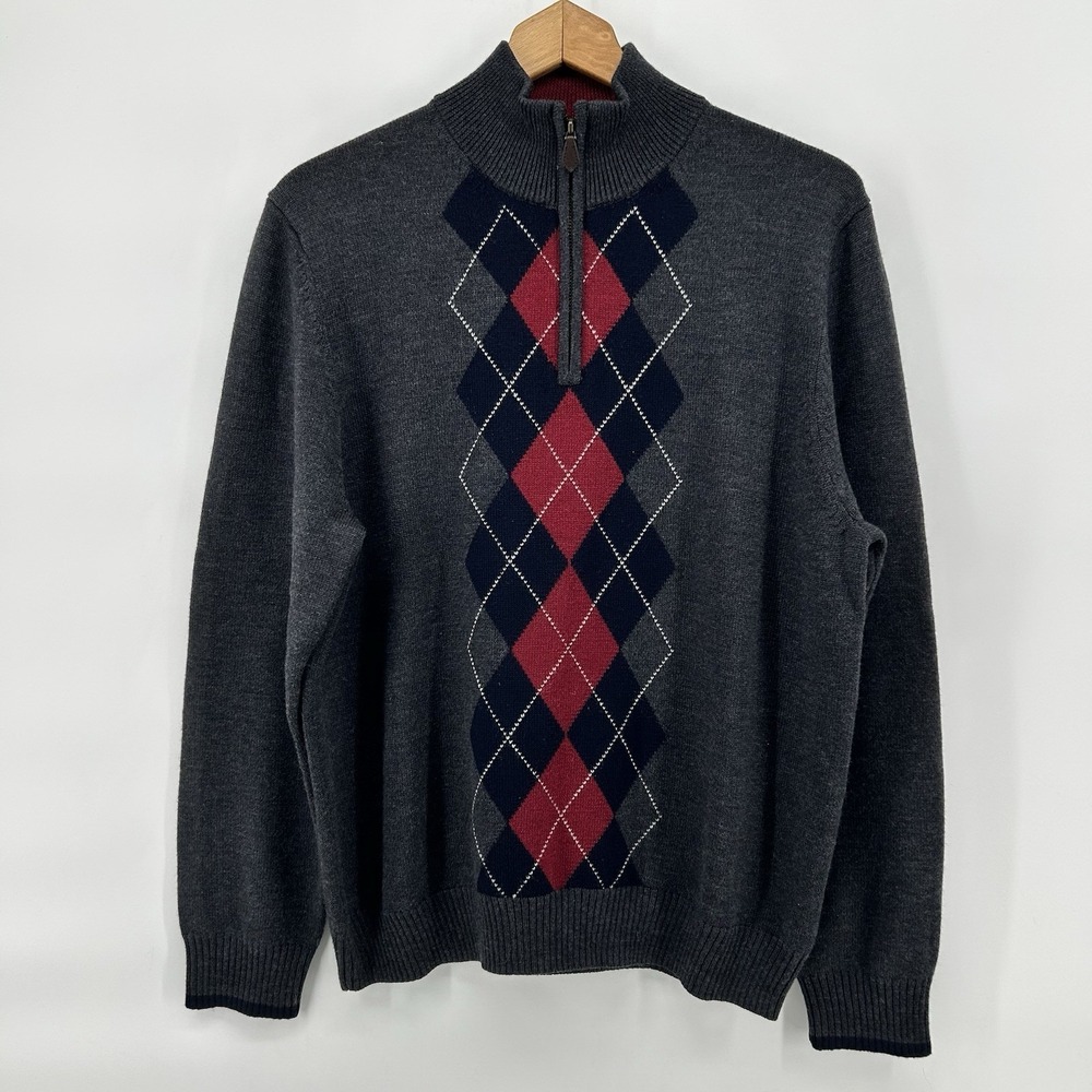 Brooks Brothers Merino Wool Sweater M Gray Argyle 1/4 Zip Pullover Heritage Golf